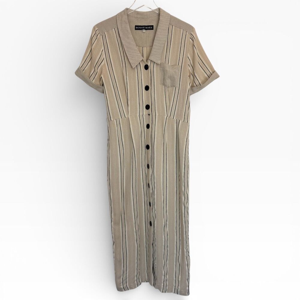 Vintage Bonnie Marx Womens Midi Shirt Dress 10 Striped Tan Button Front 90s